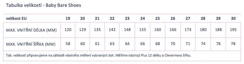 Baby Bare Shoes size chart